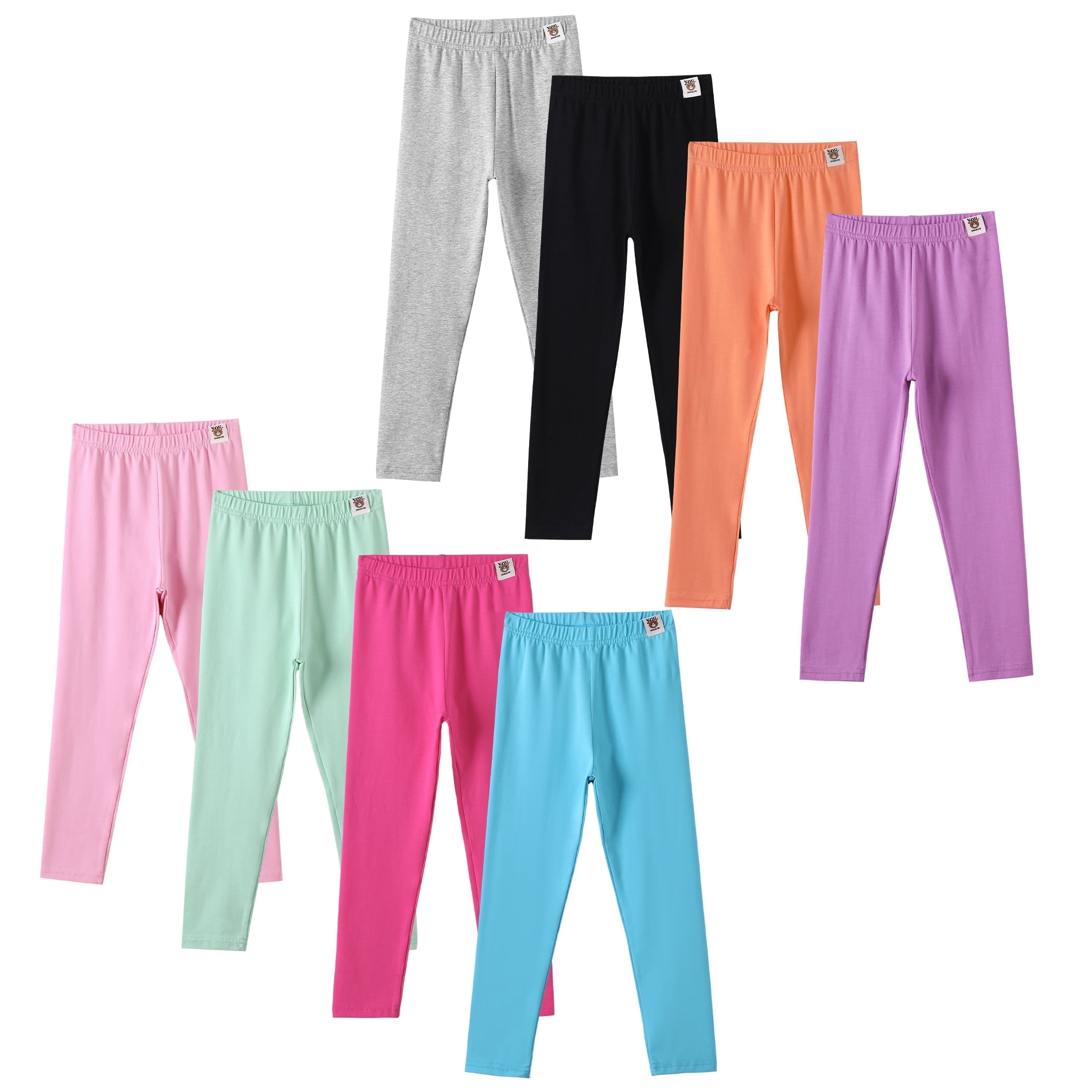 Chicduo 8-Piece Girls' Solid Color Comfortable Elastic Sport Pants, Cotton Leggings, Size 3-12Y